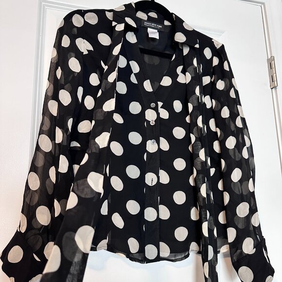 JONES NEW YORK PETITE  | Polka Dot Blouse w Sheer Sleeves | Blk White | Size: 6P - Picture 7 of 13